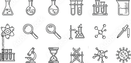 Science lab icon set, line style illustrations, laboratory equipment, DNA, virus, microscope, atomic model, test tube, beaker, flask