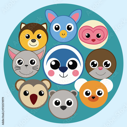 Collection of cute cartoon animal faces including monkey penguin dog cat bear koala and more in a circle design