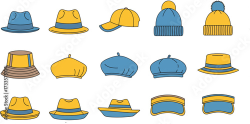 A collection of illustrated headwear including hats, caps, beanies, and visors in blue and yellow.