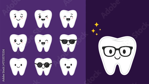 A collection of nine cartoon teeth, eight with various happy and playful expressions, and one larger tooth wearing glasses and sparkling, set against a purple background.