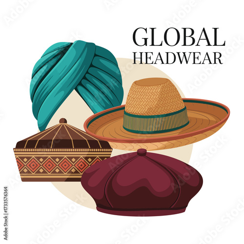 Collection of Diverse Global Headwear Styles on White Background hats turban