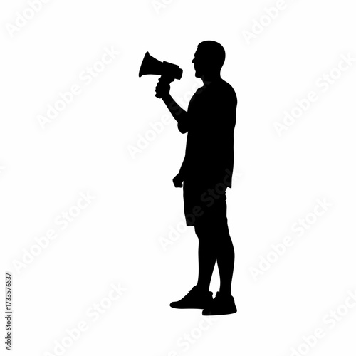 Campaign worker silhouette with megaphone promoting literacy isolated on white background