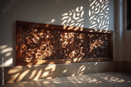 Intricate Light Patterns Cast by a Wooden Mashrabiya in a Serene Setting Generative AI
