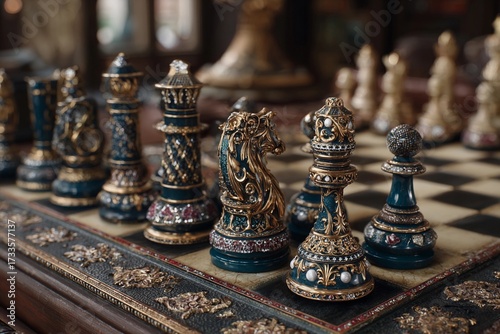 Chess Pieces With Intricate Designs on a Beautifully Crafted Board in a Cozy Setting Generative AI