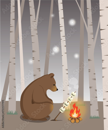 Photography A bear sits in the forest, burning worries, pain, stress, and gloom in the campfire to find comfort and healing