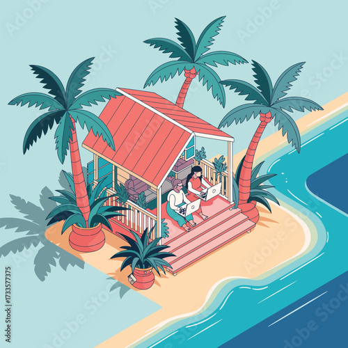 Couple working on laptops in a beach hut with palm trees and ocean Keywords: couple, working, laptops, beach, hut, palm trees, ocean, sea