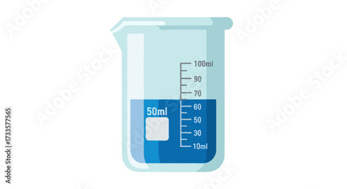 A flat vector illustration of a beaker glass with measurement marks, flat colors, simple clean design, no outlines, isolated on white background