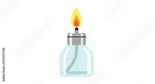 A flat vector illustration of an alcohol burner with a wick flame, clean shapes, flat colors, no outlines, isolated on white background