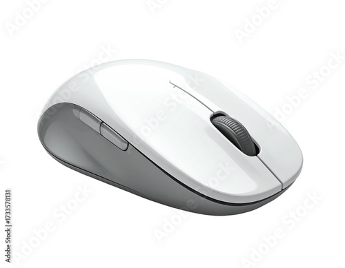 Glossy white wireless computer mouse with scroll wheel and side buttons on dark background