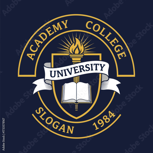 A classic university emblem with a flaming torch, open book, and shield on a dark blue background.