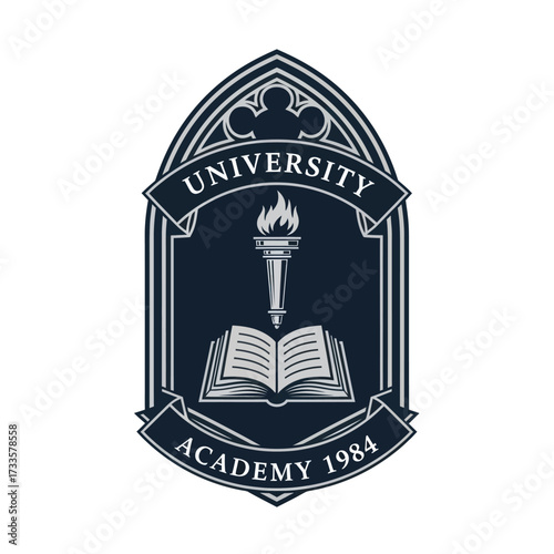 University Academy logo featuring an open book, a torch with flame, and the founding year 1984.