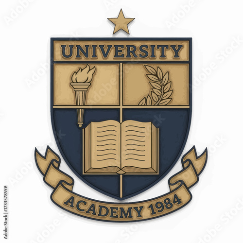 A traditional university academy crest featuring a shield with a torch, laurel wreath, open book, and a star, established in 1984.