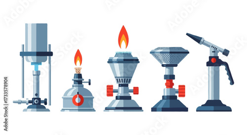 A flat vector illustration of different types of laboratory burners, including Bunsen burner, alcohol burner (spirit lamp), Teclu burner, Meker burner, and laboratory gas torch