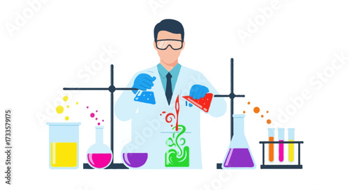 A flat vector illustration of a faceless scientist in a lab coat, gloves, and goggles, mixing colorful chemicals in glassware, clean flat vector style, no outlines, isolated on white background