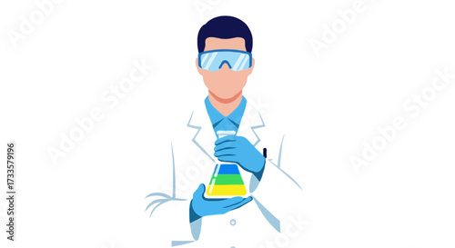 A flat vector illustration of a faceless scientist in a white lab coat, safety goggles, and gloves, holding an Erlenmeyer flask with colorful liquid, clean flat design, bold flat colors, no outlines