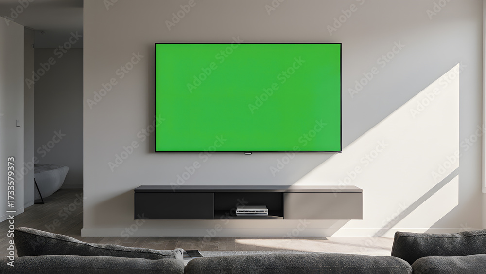 Fototapeta premium Modern Living Room with Large Green Screen TV on Wall