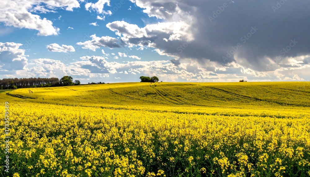 Obraz premium Vast yellow rapeseed field under partly cloudy sky