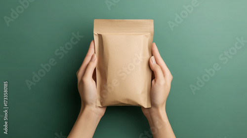 Hands holding a brown paper package against a green background