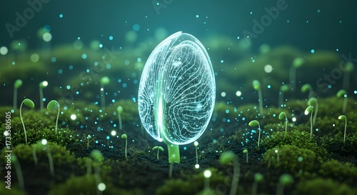 Future seed research and digital genetic information. Biotechnology and sustainable agriculture. Glowing translucent seed with circuit patterns in a bed of tiny sprouts