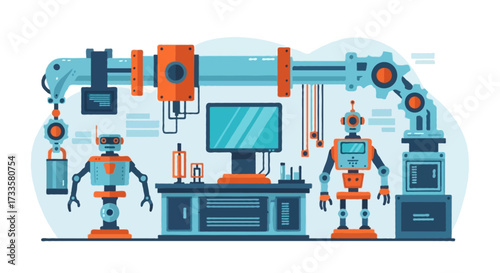 A flat vector illustration of a robotics lab with mechanical parts and robots, flat colors, no outlines, isolated on white background