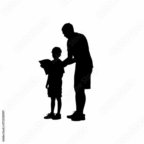 Literacy volunteer helping child with homework silhouette isolated on white background