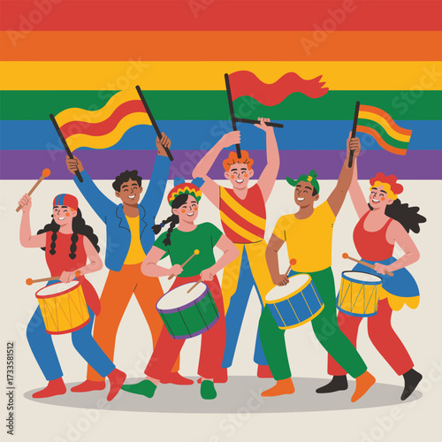 Diverse group celebrating with drums and flags against a rainbow background pride