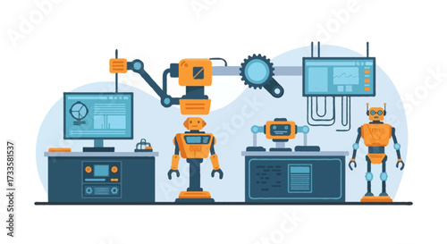 A flat vector illustration of a robotics lab with mechanical parts and robots, flat colors, no outlines, isolated on white background