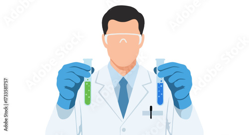 A flat vector illustration of a faceless chemist in lab coat and gloves, holding test tubes with liquid, minimal flat design, no outlines, isolated on white background