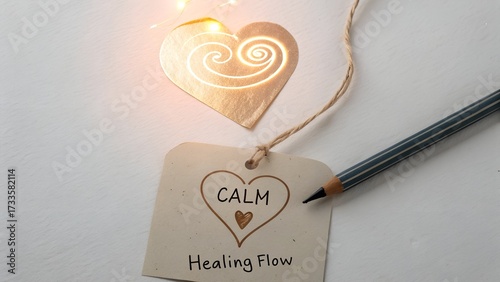 Wooden heart tag with pencil promoting calm healing