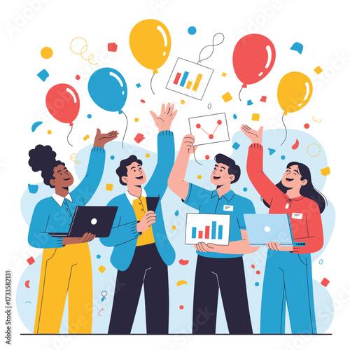 Diverse group of people celebrating success with laptops charts and balloons celebration