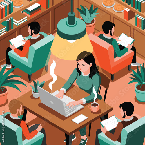 Diverse group of people studying and working in a cozy library with bookshelves and plants