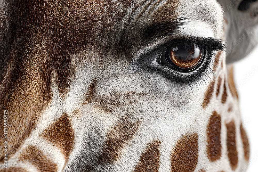 Naklejka premium Close-up of a giraffe's face isolated on white background