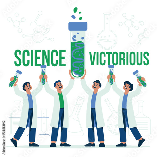 Diverse Scientists Hold Up Test Tubes and Giant Flask in Victorious Science Celebration