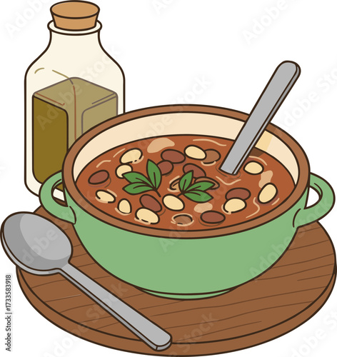 Vegetable bean soup in green bowl with spoon and olive oil bottle  
