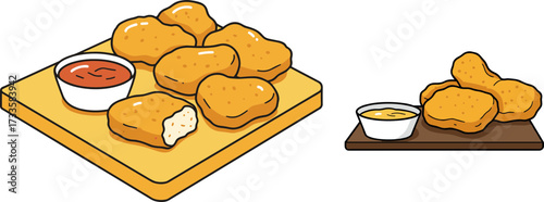 Chicken nuggets served with dipping sauces on wooden platters in flat style, transparent background  