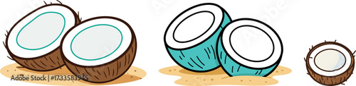 Various coconuts in different designs and colors on sandy background - Concept of flat style, transparent background  
