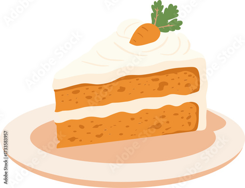Carrot cake slice with cream frosting and garnish on a plate - Concept of flat style, transparent background  