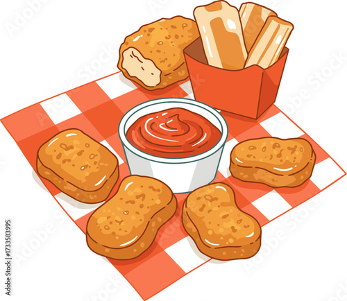 Fast food platter with chicken nuggets, fries, and ketchup sauce  