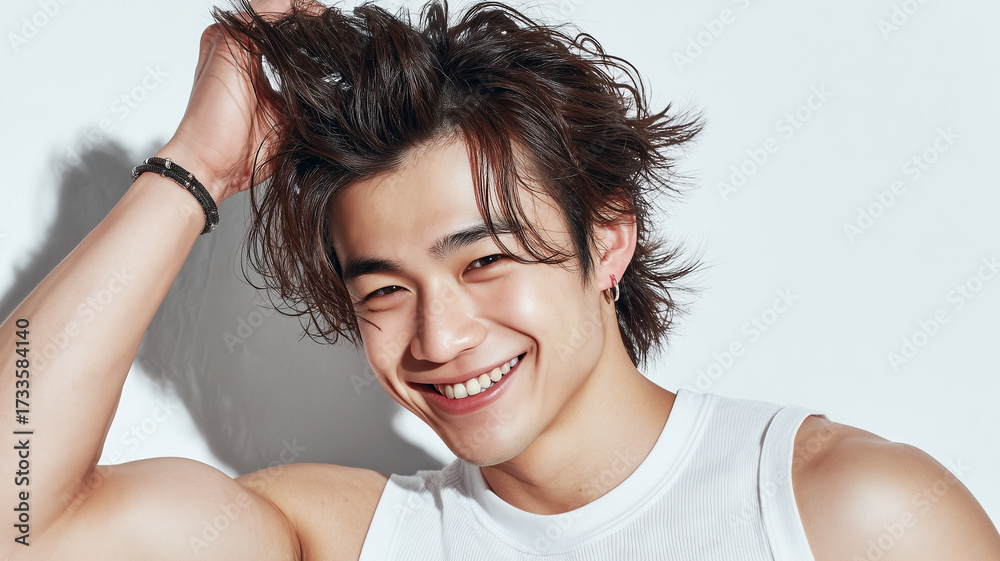 Fototapeta premium 男性が白背景で髪をさっと払う