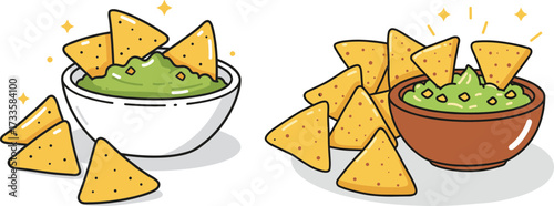 Illustration of nachos served with guacamole in various bowl styles  