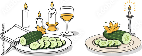 Cucumber plate with slices and decorated garnish on dining table, flat style, transparent background  