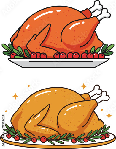 Roast turkey on a platter with cranberries and herbs in flat style, transparent background  