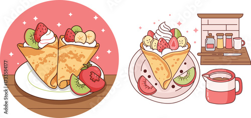 Delicious crepes filled with fruits and cream on colorful plates in café - Concept of flat style, transparent background  