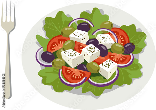 Greek salad with feta cheese, olives, and fresh vegetables on a plate - Concept of flat style, transparent background  