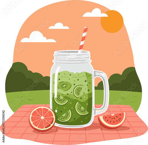 Green smoothie in mason jar with fruits on picnic blanket outdoors, flat style, transparent background  