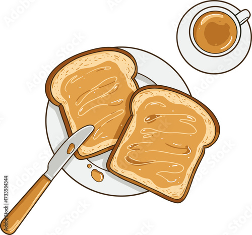 Toast with peanut butter on plate with knife and cup of coffee, flat style, transparent background  