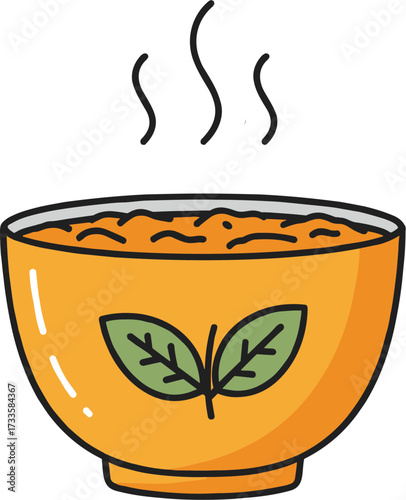 Orange bowl of steaming soup with herbs in flat style, transparent background  