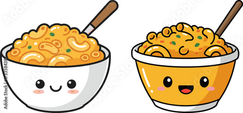 Cute cartoon bowls of macaroni and cheese with happy faces and spoons - Concept of flat style, transparent background  