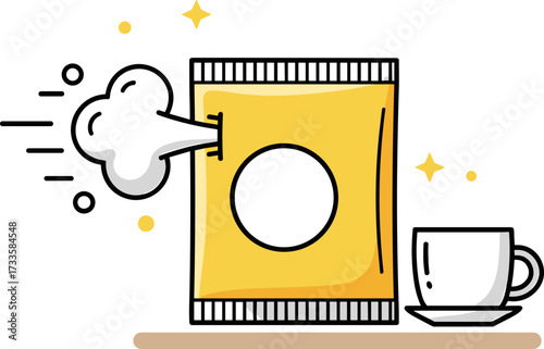 Tea bag releasing steam beside a steaming cup on a flat surface in flat style, transparent background  