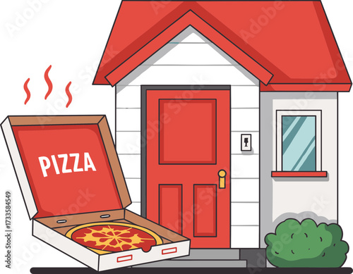 Pizza delivery at home with open box near red door and bushes Concept of flat style, transparent background  
